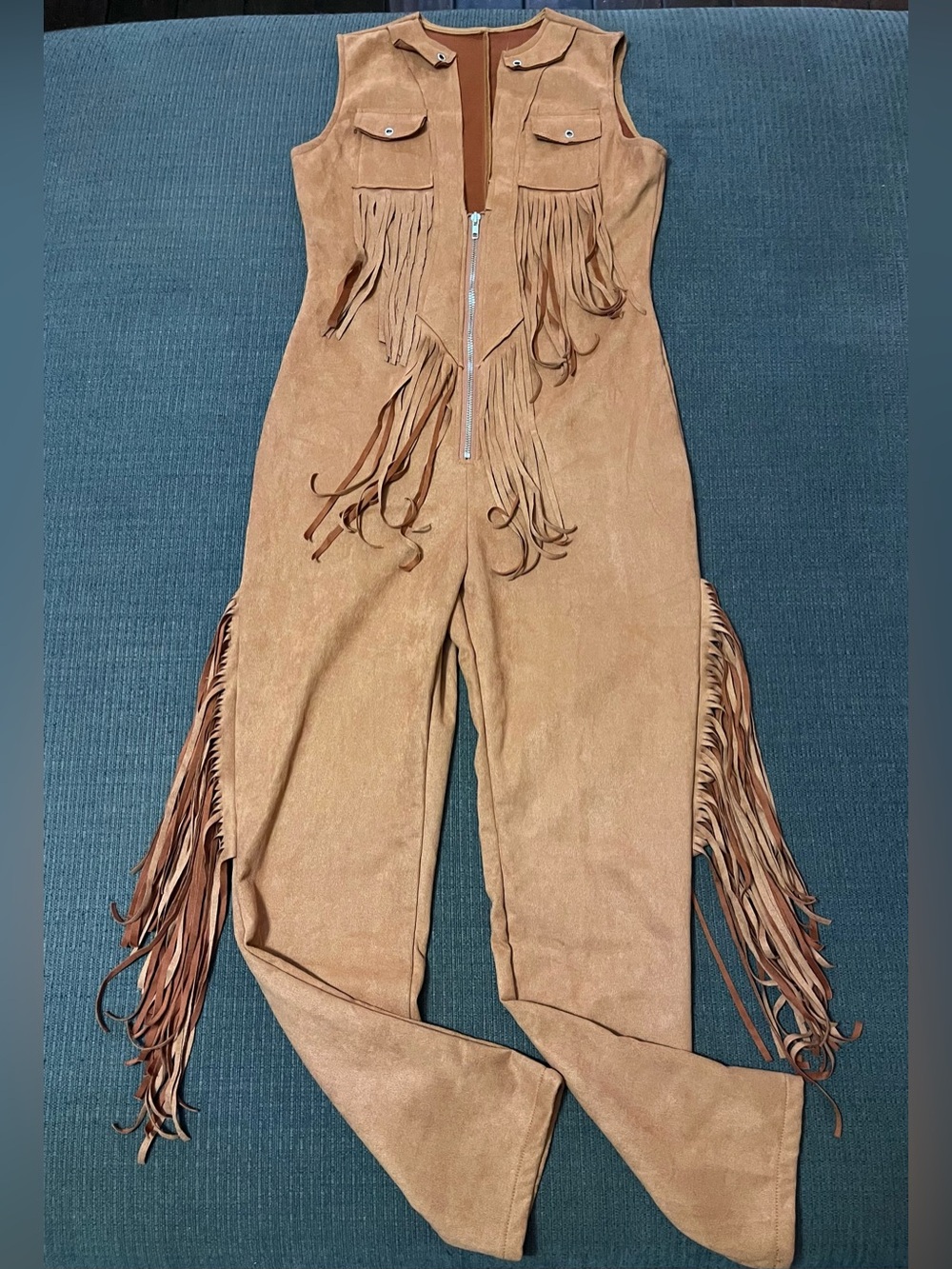Fringed Suede Jumpsuit - Tan S/M